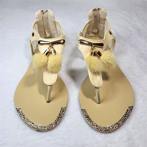 SilverDew Shoes - SilverDew Beige Summer Sandals Faux Fur Pom Poms